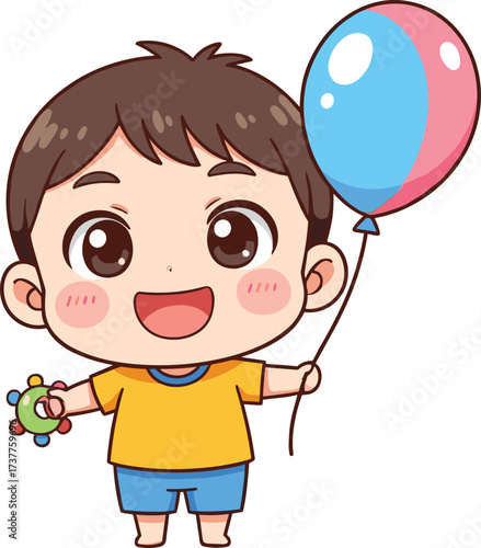 Happy child illustration, kid with balloon and rattle, playful childhood, cartoon character, joyful smile, colorful toy, early childhood fun