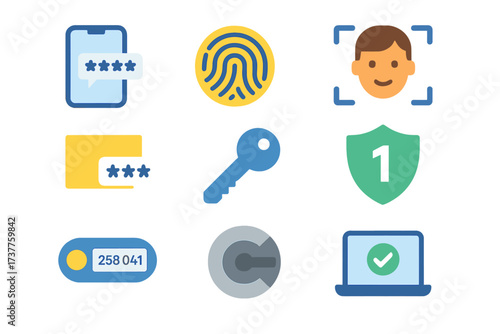 Security and privacy flat icon set. featuring fingerprint, face id, key, shield, email, token, encryption