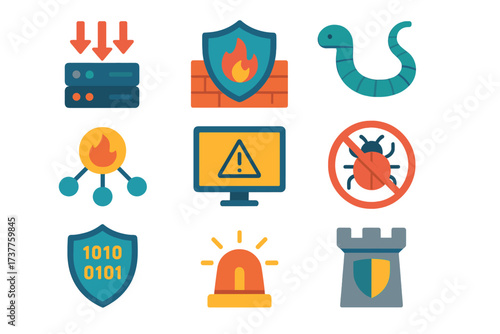 Cybersecurity flat icon set. featuring firewall, shield, malware, virus, alert, encryption, and network security symbols