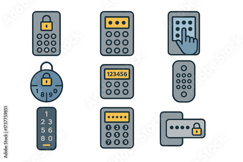 Security linear icon set. featuring keypad, padlock, password, access control, touchscreen, and safe lock symbols