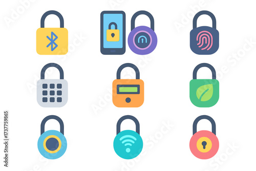 Security themed flat icon set. featuring bluetooth, smartphone, power button, fingerprint, keypad, and lock symbols