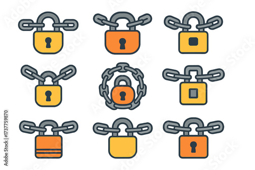 Security silhouette icon set. featuring padlock, chain, locked, security, protection, and safety symbols