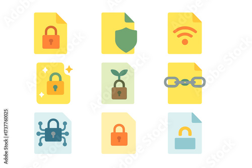 Security and connectivity flat icon set. featuring lock, shield, wifi, plant, chain, spider, and document symbols