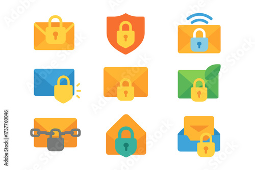 Security and privacy flat icon set. featuring lock, shield, email, encryption, and secure message symbols