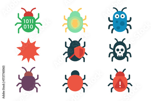Cybersecurity silhouette icon set. featuring firewall, bug, hack, skull, shield, warning, binary code symbols