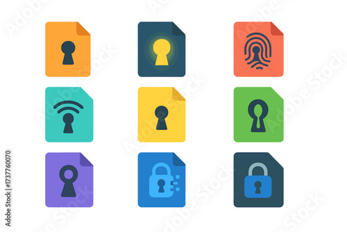 Security and privacy silhouette icon set. featuring lock, key, fingerprint, and wireless symbols