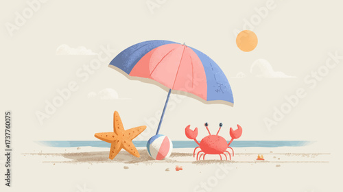 A whimsical beach illustration featuring a pink and blue umbrella, orange starfish, striped beach ball, red crab, sunny sky with clouds, and sandy shore with ocean horizon