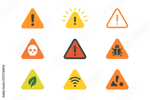 Warning and caution silhouette icon set. featuring exclamation, skull, bug, leaf, wi-fi, and hazard symbols