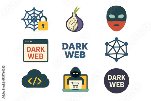 Cybersecurity flat icon set. featuring dark web, hacker, tor network, web lock, coding, and encryption