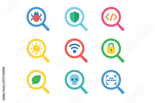 Security and network neon silhouette icon set. featuring bug, shield, code, wifi, lock, leaf, skull, scan symbols