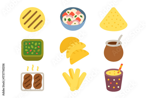 Food and drink flat icon set. featuring biscuit, salad, tortilla, salsa, empanada, mate, grilled sausages, fries, and bubble tea