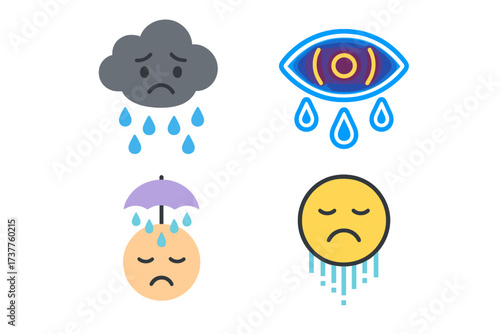 Weather and emotions flat icon set. featuring cloud, eye, umbrella, sad face symbols