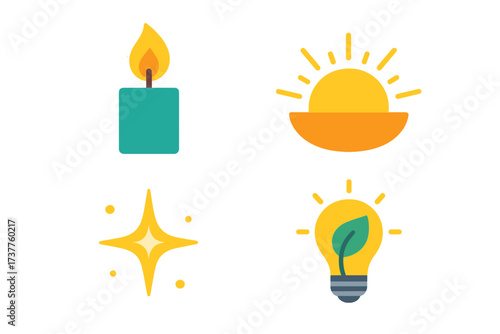 Lighting elements flat icon set. featuring candle, sunrise, star, lightbulb symbols