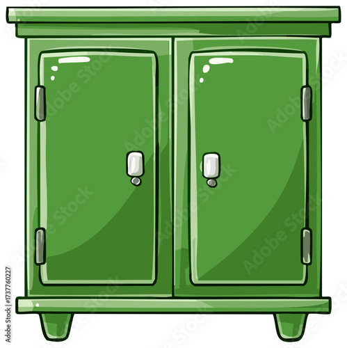 Illustration of green cabinet with two doors and white handles for interior decoration