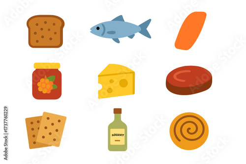 Nordic cuisine flat icon set. featuring bread, fish, salmon, berry jam, cheese, steak, crackers, aquavit, and cinnamon roll