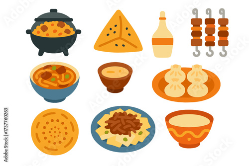 Asian cuisine flat icon set. featuring noodles, dumplings, potstickers, kebab, rice, samosa, soup, and sauce bottle symbols