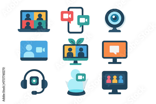 Communication flat icon set. featuring video chat, webcam, online meeting, video call, and discussion symbols