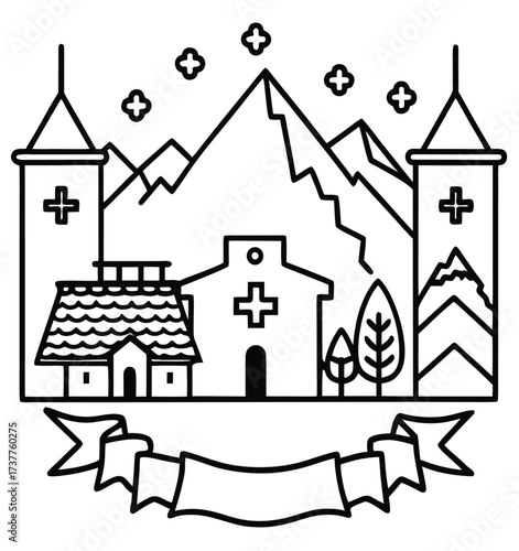 Vector cartoon illustration of an old medieval town with a castle and houses