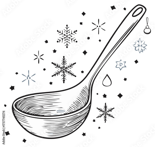 Illustration of a wooden soup ladle with snowflakes and stars
