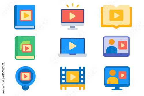 Education flat icon set. featuring video player, book, webinar, laptop, and movie symbols