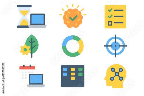 Business development flat icon set. featuring time management, progress, checklist, strategy, data, planning icons