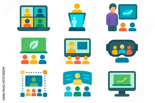 Virtual meeting flat icon set. featuring video call, webinar, online chat, headphones, and monitor symbols
