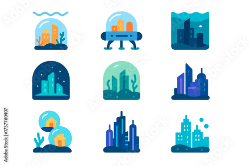 Cityscape silhouette icon set. featuring futuristic, urban, skyline, building, and metropolis symbols