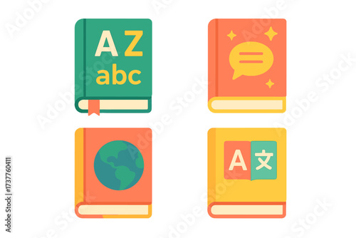 Language learning flat icon set. featuring dictionary, speech bubble, globe, and translation symbols