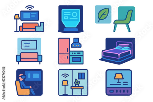 Home technology flat icon set. featuring tv, tablet, leaf, chair, sofa, kitchen, bed, vr, wi-fi, lamp symbols