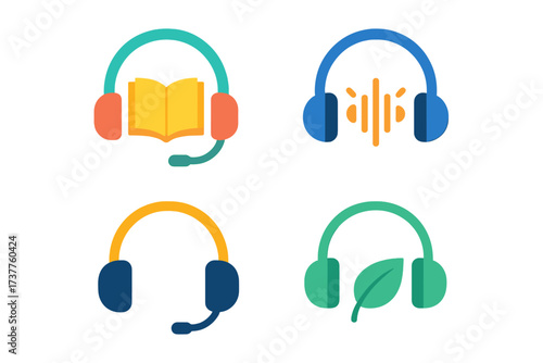 Music and audio silhouette icon set. featuring audiobook, soundwave, headset, and eco-listening symbols
