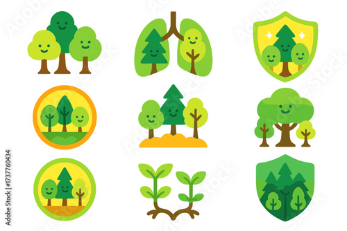 Eco nature flat icon set. featuring trees, lungs, shields, seedlings, and forests