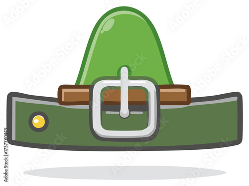 Green and brown cartoon hat with a silver buckle and a yellow dot.
