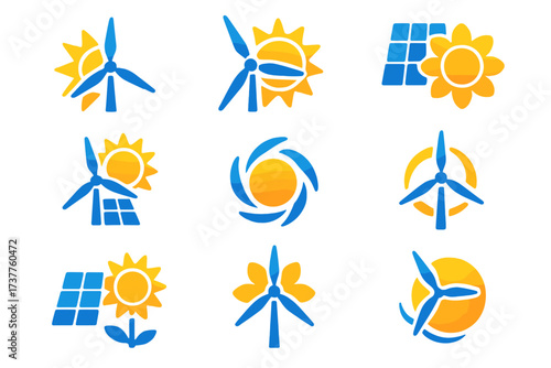Renewable energy silhouette icon set. featuring wind turbine, solar panel, and sun symbols