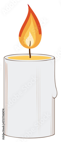 Burning candle illustration, flame with light color on white wax, minimalist design.