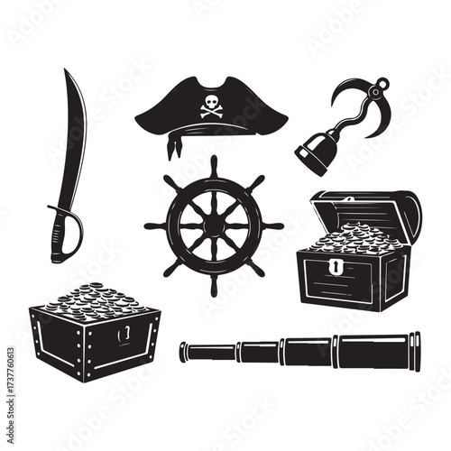 Pirate Equipment Concept Black Silhouette Vector Illustration.