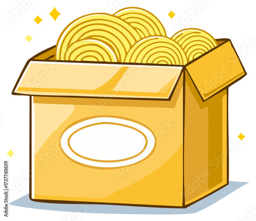 A cute cartoon illustration of an open cardboard box overflowing with shiny golden noodles or ramen
