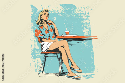 A vintage-style illustration of a young blonde woman in a relaxed pose, sitting at a table with a cup of coffee and a book, wearing a floral Hawaiian shirt, white shorts, and flip-flops