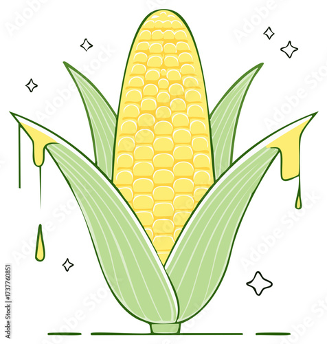 Sparkling cartoon ear of corn with bright yellow kernels green husks and dripping golden liquid
