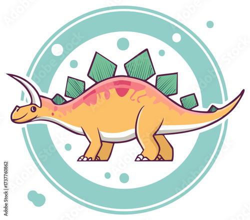 Cute Triceratops Dinosaur with Stegosaurus Plates and Horns in Circle Frame