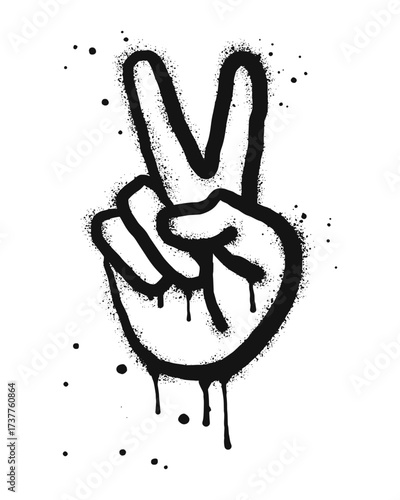 Spray painted graffiti Hand gesture V sign for peace on black over white. peace symbol. isolated on white background