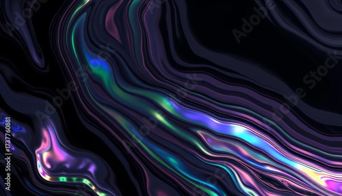 Abstract swirling oil slick texture with iridescent rainbow sheen on dark background,  oil spill,  chemistry