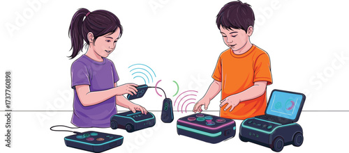 Children learning robotics, kids with remote control, STEM education, programming activity, electronic devices, coding for kids, technology learning, interactive classroom, innovation