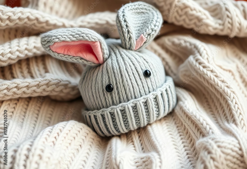 Fototapeta premium Adorable bunny-eared hat on a soft, textured knit blanket, grey, blanket