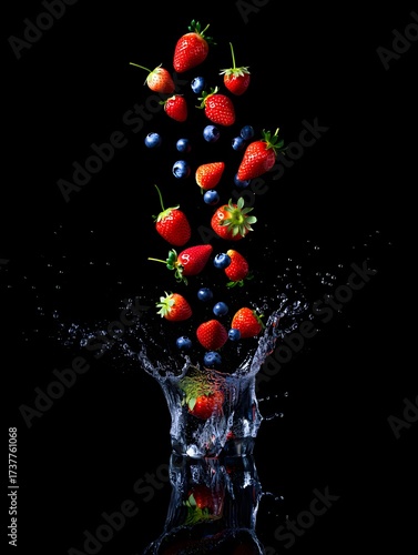 Strawberries and blueberries falling into water splash