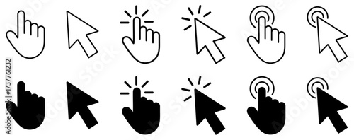 Pointer, cursor, mouse click icon set with hand and arrow on white background. Pointer cursor computer mouse icon set. cursor, click, tap, mouse, pointer, arrow, clicking, press, point, vector