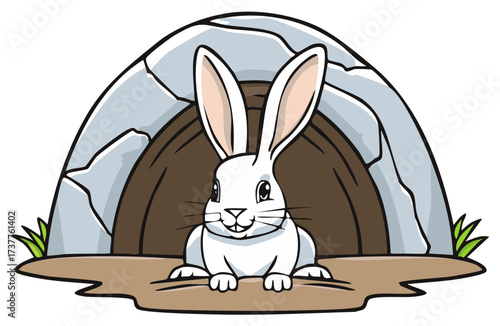 Cute cartoon white rabbit peeking out of its cozy stone burrow in a natural setting