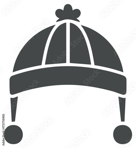 Solid glyph icon of a warm winter hat with ear flaps and pom poms