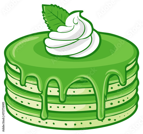 Cartoon stack of green pancakes with dripping glaze whipped cream and a fresh mint leaf