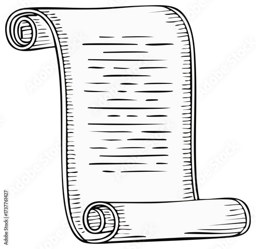 Old paper scroll with manuscript text in a hand drawn vintage etching style