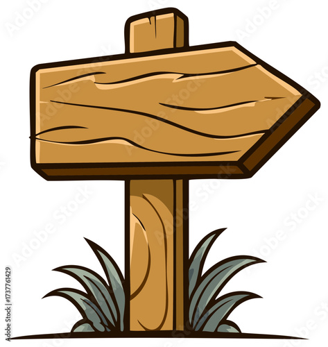 Cartoon Wooden Signpost with Arrow and Grass Detail for Guidance